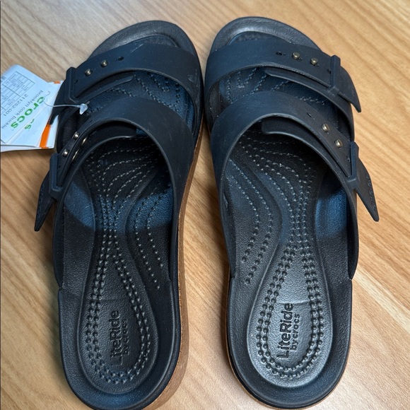 CROCS Women's Black Cork Wedge Sandals - Picture 2 of 3